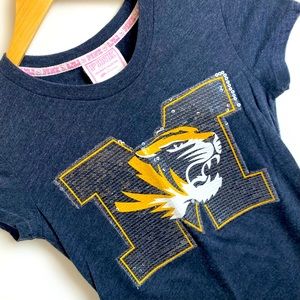 PINK VICTORIAS SECRET MIZZOU Short Sleeve Sequin Logo Grey Tee